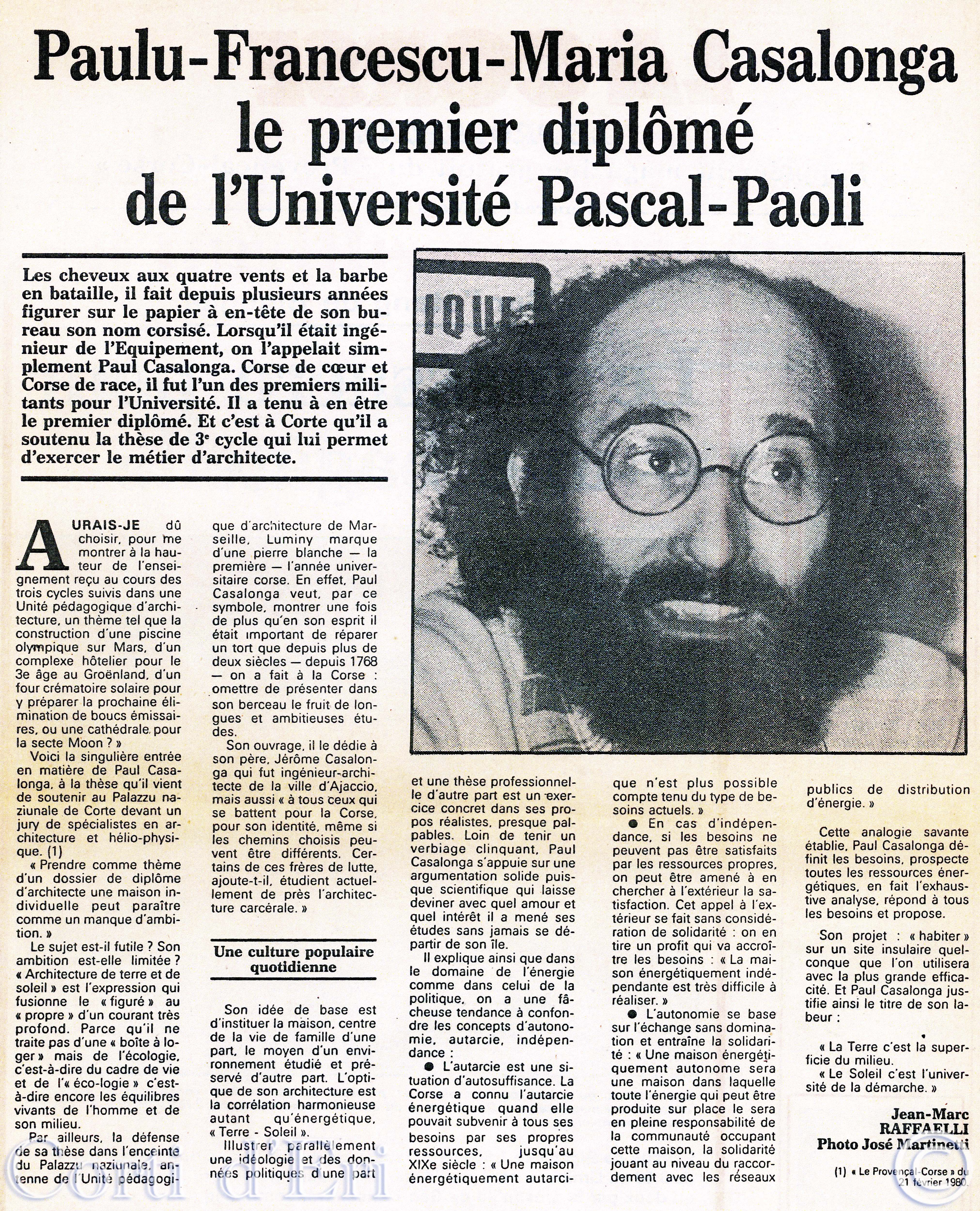 Paulu-Francescu-Maria Casalonga, le premier diplômé de l'Université Pascal-Paoli. Le Provencal Corse du 21 février 1980
